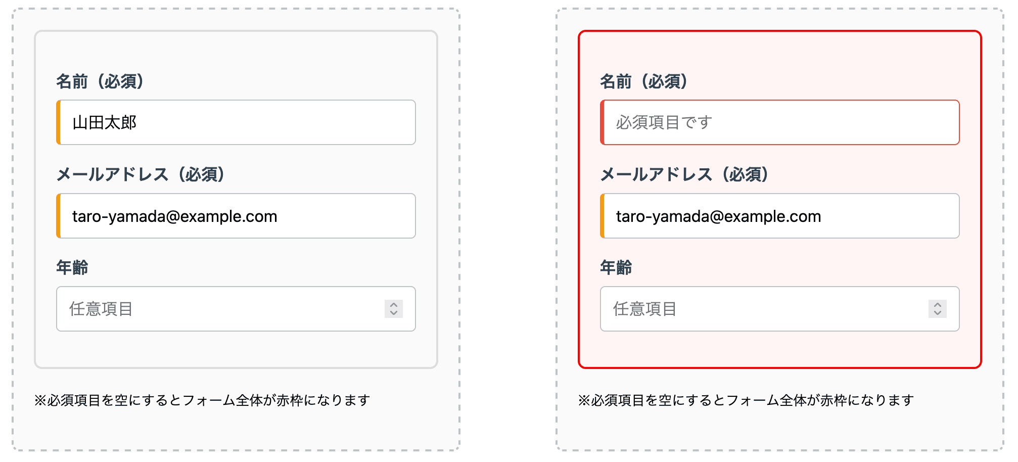 必須入力が未入力のときフォーム全体が赤枠になる例
