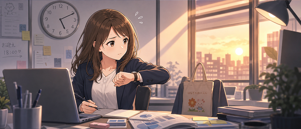 夕方になり保育園のお迎えの時間と仕事に焦る様子