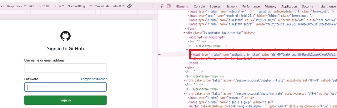 GitHubのサインインページでElementsタブからauthenticity_tokenのhidden inputを確認している画面