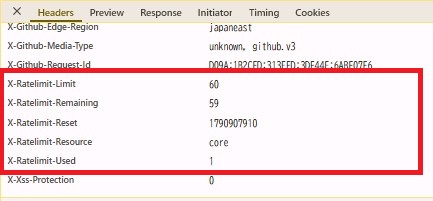 DevToolsのHeadersタブでGitHub APIのレート制限ヘッダーを確認している画面
